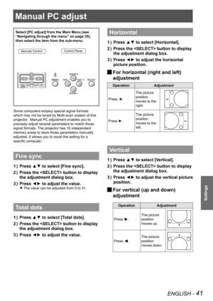Page 41ENGLISH - 41
Settings
Manual PC adjust
Select [PC adjust] from the Main Menu (see 
“Navigating through the menu” on page 35), 
then select the item from the sub-menu.
Remote ControlControl Panel
Some computers employ special signal formats 
which may not be tuned by Multi-scan system of this 
projector.  Manual PC adjustment enables you to 
precisely adjust several parameters to match those 
signal formats. The projector has 10 independent 
memory areas to store those parameters manually 
adjusted. It...