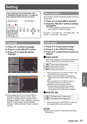 Page 51ENGLISH - 51
Settings
Setting
Select [Setting] from the Main Menu (see 
“Navigating through the menu” on page 35), 
then select the item from the sub-menu.
Remote ControlControl Panel
Language
Press ▲▼ to select [Language].1 ) 
Press ► or the  button.2 ) 
Press ▲▼ to select the desired 3 ) 
language.
The language used in the On-Screen Menu is  z
available in English, German, French, Italian, 
Spanish, Portuguese, Dutch, Swedish, Finnish, 
Norwegian, Danish,  Polish, Hungarian, Romanian, 
Russian,...