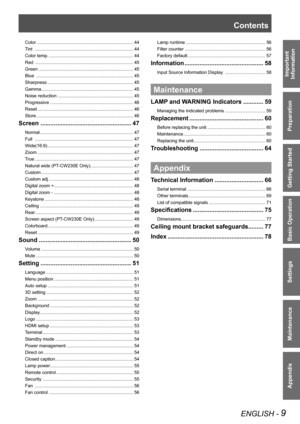 Page 9ENGLISH - 9
Important 
 
Information
Preparation
Getting Started
Basic Operation
Settings
Maintenance
Appendix
Color ...........................................................................\
..44
Tint  ..............................................................................44
Color temp. ...................................................................44
Red  ..............................................................................45
Green...