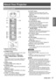 Page 17ENGLISH - 17
Preparation
About Your Projector
Remote control
(12)
(13)
(11)
(10)
(14)
(2)
(1)
(3)
(4)
(5)
(7)
(8)
(9)
(6)
(15)
(16)
(1) Remote control indicator Flashes by pressing any button
(2)  Button Turns power [on]/[off] when the main power switch 
on the rear of the projector is [ON].
(3) Input Selection Buttons; ,  , , , 

These buttons select the input signal. (
Æpage 32)
These are also used to set the ID of the remote 
control.
(4)  Button Displays the MENU display. (
Æpage 35)
(5)  Button...