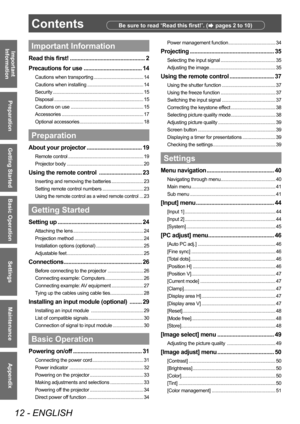 Page 12Contents
12 - ENGLISH
Important 
Information
Preparation
Getting Started
Basic Operation
Settings
Maintenance
Appendix
ContentsBe sure to read “Read this first!”. (  pages 2 to 10)
Important Information
Read this first! .
................................................ 2
Precautions for use
 .
 ..................................... 14
Cautions when transporting . ...................................... 14
Cautions when installing
 .
 ........................................... 14
Security
 ....