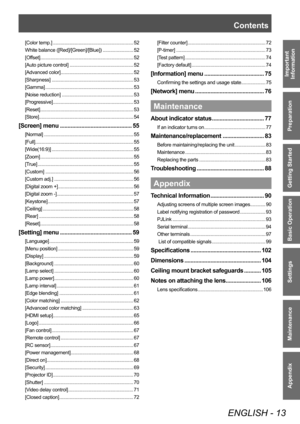 Page 13Contents
ENGLISH - 13
Important 
Information
Preparation
Getting Started
Basic Operation
Settings
Maintenance
Appendix
[Color temp.] . .............................................................. 52
White balance ([Red]/[Green]/[Blue])
 .
 ....................... 52
[Offset]
 .

........................................................................ 52
[Auto picture control]
 .

................................................. 52
[Advanced color]
 ....