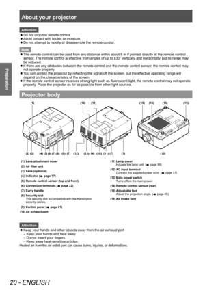 Page 20About your projector
20 - ENGLISH
Preparation
Attention
 zDo not drop the remote control.
 zA

void contact with liquids or moisture.
 zDo not attempt to modify or disassemble the remote control.
Note
 z The remote control can be used from any distance within about 5 m if pointed directly at the remote control 
sensor

. The remote control is effective from angles of up to ±30° vertically and horizontally, but its range may 
be reduced.
 z If there are any obstacles between the remote control and the...