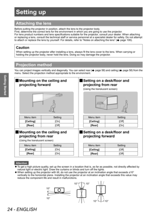 Page 24Setting up
24 - ENGLISH
Getting Started
Setting up
Attaching the lens
Before putting the projector in position, attach the lens to the projector body.
First, determine the correct lens for the environment in which you are going to use the projector .
For lens product numbers and lens specifications suitable for the projector , consult your dealer. When attaching 
or replacing a lens, consult the technical staff or service personnel at a specialist dealer for safety. Do not attempt 
to attach or replace...