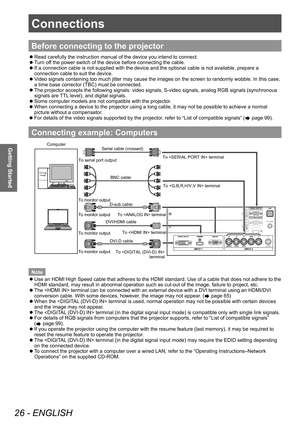 Page 26Connections
26 - ENGLISH
Getting Started
Connections
Before connecting to the projector
 zRead carefully the instruction manual of the device you intend to connect.
 zT

urn off the power switch of the device before connecting the cable.
 z If a connection cable is not supplied with the device and the optional cable is not available, prepare a 
connection cable to suit the device.
 zV

ideo signals containing too much jitter may cause the images on the screen to randomly wobble. In this case, 
a time...