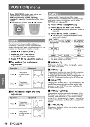 Page 48[POSITION] menu
48 - ENGLISH
Settings
Select [POSITION] from the main menu, and 
select the item from the sub-menu. 
Refer to “
Navigating through the menu ”
 
(
 page 41) regarding the operation of the menu 
screen.   
z
After selecting the item, press ÛÝ/¢/£ to set. 
[SHIFT]
You can move the image position vertically or 
horizontally if the image position projected on the 
screen is shifted even  when the relative position of the 
projector and the screen is installed correctly. 
1)  Press ▲▼ to...