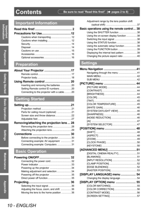 Page 10Contents
10 - ENGLISH
Important 
Information
Preparation
Getting Started
Basic Operation
Settings
Maintenance
Appendix
Important Information
Read this  first! ............................................ 2
Precautions for Use...................................12
Cautions  when transporting ............................. 12
Cautions  when installing .................................. 12
Security ........................................................... 14
Disposal...