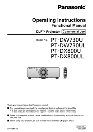 Page 1Thank you for purchasing this Panasonic product.
■ This manual is common to all the models regardless of suffixes of the Model No.
 
z
S: Silver model, the standard zoom lens supplied  LS: Silver model, the lens sold separately 
K: Black model, the standard zoom lens supplied  LK: Black model, the lens sold separately

■ Before operating this product, please read the instructions carefully and save this manual 
for future use.

■ Before using your projector, be sure to read  “
Read this first! ”
 (
...