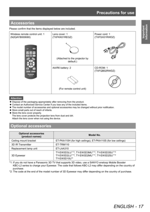 Page 17Precautions for use
ENGLISH - 17
Important 
Information
Accessories
Please confirm that the items displayed below are included.
Wireless remote control unit: 1
(N2QAYB000680)Lens cover: 1
(TXFKK01REGZ)
(Attached to the projector by 
default.)  Power cord: 1
(TXFSX01RWDZ)
AA/R6 battery: 2
(For remote control unit)
CD-ROM: 1
(TXFQB02RWDZ) 
Attention
Dispose of the packaging appropriately after removing from the product.
 
z
Contact an Authorized Service Center if you lose any of the included items.
 
z
The...