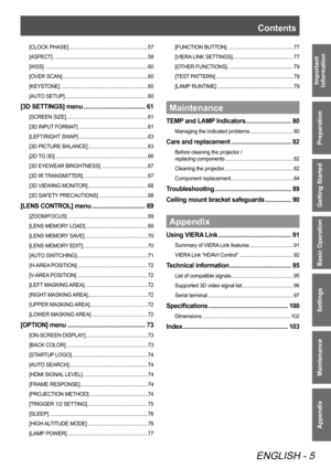 Page 5 
ENGLISH - 5
Important 
Information
Preparation
Getting Started
Basic Operation
Settings
Maintenance
Appendix
Contents 
[CLOCK PHASE]  .......................................................... 57
[ASPECT]  ...................................................................... 58
[WSS]  ........................................................................\
.... 60
[OVER SCAN]  ............................................................... 60
[KEYSTONE]...