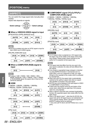 Page 58[POSITION] menu
58 - ENGLISH
Settings
[ASPECT]
You can switch the image aspect ratio manually when 
needed. 
Aspect ratio depends on signals.
Switch settingsSwitch settings
When a VIDEO/S-VIDEO signal is input
 
■
[NTSC/NTSC4.43/PAL-M/PAL60 input]
[AUTO][4:3][16:9]
[ZOOM][JUST][S16:9]
Note
[AUTO] is enabled only when an NTSC signal is input for 
 
z
both VIDEO and S-VIDEO signals. 
[PAL/PAL-N/SECAM input]
[16:9][S16:9][14:9][ZOOM1]
      
[4:3][JUST][ZOOM2]
When a COMPUTER (RGB) signal is 
 
■
input...