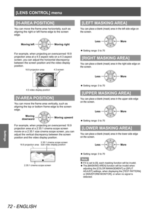 Page 72[LENS CONTROL] menu
72 - ENGLISH
Settings
[H-AREA POSITION]
You can move the frame area horizontally, such as 
aligning the right or left frame edge to the screen 
edge.Moving left
Moving right
For example, when projecting an overscanned 16:9 
projection area at a 4:3 aspect ratio on a 4:3 aspect 
screen, you can adjust the horizontal discrepancy 
between the screen position and the video display 
position.
 
16:9 projection area 4:3 screen
4:3 video display position
[V-AREA POSITION]
You can move the...