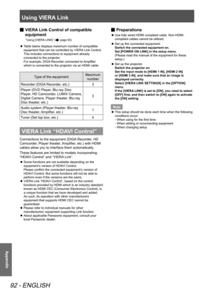 Page 92Using VIERA Link
92 - ENGLISH
Appendix
VIERA Link Control of compatible 
 
■
equipment
“Using [VIERA LINK]” ( page 93)
Table below displays maximum number of compatible 
 
z
equipment that can be controlled by VIERA Link Control.  
This includes connections to equipment already 
connected to the projector. 
For example, DIGA Recorder connected to Amplifier 
which is connected to the projector via an HDMI cable.
Type of the equipment  Maximum 
number
Recorder (DIGA Recorder, etc.) 3
Player (DVD Player,...