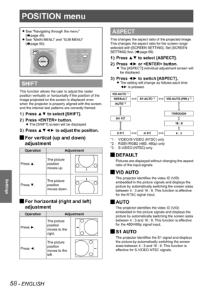 Page 5858 - ENGLISH
Settings
POSITION menu
See “Navigating through the menu”   
z
(Æpage  49).
See “MAIN MENU” and “SUB MENU”  
 
z
(Æpage  50).
SHIFT
This function allows the user to adjust the raster 
position vertically or horizontally if the position of the 
image projected on the screen is displaced even 
when the projector is properly aligned with the screen, 
and the internal test patterns are correctly framed.
Press ▲▼ to select [SHIFT].
1  ) 
Press  button.
2  ) 
The [SHIFT] screen will be displayed....