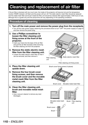 Page 110110 – ENGLISH
 
Cleaning and replacement of air filter
If the air filter is blocked with too much dust, the inside of the projector will become hot and the temperature 
monitor (TEMP) indicator will flash and the power will turn off. The static electric mesh filter should be replaced 
and the metal mesh filter and brush inside the filter unit should be cleaned after approximately 2 000 hours of use, 
although this is a guide only and the actual time will vary depending on the operating conditions....