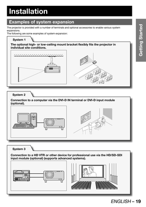 Page 19ENGLISH – 19
Getting Started
Installation
Examples of system expansion
The projector is provided with a number of terminals and optional accessories to enable various system 
expansions.
The following are some examples of system expansion:
System 1
The optional high- or low-ceiling mount bracket flexibly fits the projector in 
individual site conditions.
System 2
System 3 Connection to a computer via the DVI-D IN terminal or DVI-D input module 
(optional).
Connection to a HD VTR or other device for...