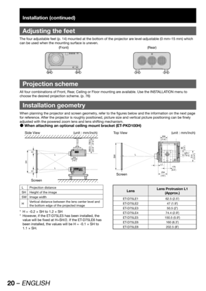 Page 2020 – ENGLISH
Installation (continued)
 
Adjusting the feet
The four adjustable feet (p. 14) mounted at the bottom of the projector are level-adjustable (0 mm–15 mm) which 
can be used when the mounting surface is uneven.
(Front) (Rear)
  Projection scheme
All four combinations of Front, Rear, Ceiling or Floor mounting are available. Use the INSTALLATION menu to 
choose the desired projection scheme. (p. 76)
Installation geometry
When planning the projector and screen geometry, refer to the figures below...