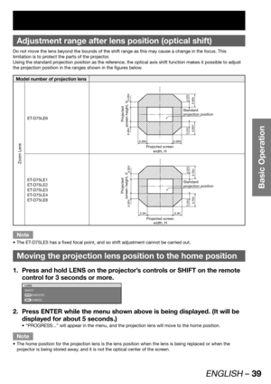 Page 39ENGLISH – 39
Basic Operation
Adjustment range after lens position (optical shift)
Do not move the lens beyond the bounds of the shift range as this may cause a change in the focus. This 
limitation is to protect the parts of the projector.
Using the standard projection position as the reference, the optical axis shift function makes it possible to adjust 
the projection position in the ranges shown in the figures below.
Model number of projection lens
Zoom Lens
ET-D75LE6
0.60V0.20V
0.60V0.20V0.20V 0.20V...