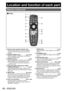 Page 1212 – ENGLISH
Location and function of each part
Front  „
Remote control unit
1
  Remote control operation indicator lamp
This LED flashes when any button is pressed. If 
it doesn’t, check the side Lock switch and the 
batteries.
2
  POWER STANDBY button KKKKKKKKK(pp. 35, 37)
When the projector is operating, use this key to 
enter the Standby mode.
3
  POWER ON button KKKKKKKKKKKKKKKKKKKK(p. 36)
When the projector is in standby mode with the 
MAIN POWER switch of the projector...