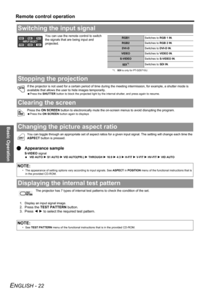 Page 22Basic Operation
Remote control operation
ENGLISH - 22
You can use the remote control to switch 
the signals that are being input and 
projected.
If the projector is not used for a certain period of time during the meeting intermission, for example, a shutter mode is 
available that allows the user to hide images temporarily.
 Press the SHUTTER button to block the projected light by the internal shutter, and press again to resume.
Press the ON SCREEN button to electronically mute the on-screen menus to...