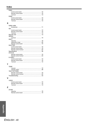 Page 40Appendix
Index
ENGLISH - 40
RGB1
Control panel button .................................................... 12Remote control button ................................................. 14
Terminal .................................................................... 13
RGB2
Control panel button .................................................... 12
Remote control button ................................................. 14Terminal .................................................................... 13
S...