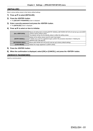 Page 81Chapter 4 Settings — [PROJECTOR SETUP] menu
ENGLISH - 81
[INITIALIZE]
Return various setting values to their factory default settings.
1) Press as to select [INITIALIZE].
2) Press the  button.
 fThe [SECURITY
 PASSWORD] screen is displayed.
3) Enter a security password and press the  button.
 fThe [INITIALIZE]
 screen is displayed.
4) Press as to select an item to initialize.
[ALL USER DATA] Returns all setting items including [ENTRY SIGNAL], [NETWORK SETUP], [E-mail set up], and [USER 
LOGO] to factory...