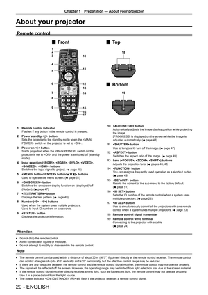 Page 2020 - ENGLISH
Chapter 1 Preparation  —  About your projector
About your projector
Remote control

















)URQW 7RS
%RWWRP
1 Remote control indicator
Flashes if any button in the remote control is pressed.
2
 
Power standby < v> button
Sets the projector to the standby mode when the  switch on the projector is set to .
3

 
Power on < b> button
Starts projection when the  switch on the 
projector is set to  and the power is switched of

f (standby 
mode).
4
 
Input...