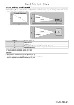 Page 27ENGLISH - 27
Chapter 2 Getting Started  —   Setting up
Screen size and throw distance
Refer to the following figures and table describing projection distances to install the projector . Image size and image position can be adjusted 
in accordance with the screen size and screen position.
6
//:/7 
//:/7 
6: 6+
+ 6+
6:
3URMHFWLRQVFUHHQ
6FUHHQ
6FUHHQ
L (LW/LT)*Projection distance (m)
SH Image height (m)
SW Image width (m)
H Distance (m) from the lens center to the bottom edge of the image
SD Image...