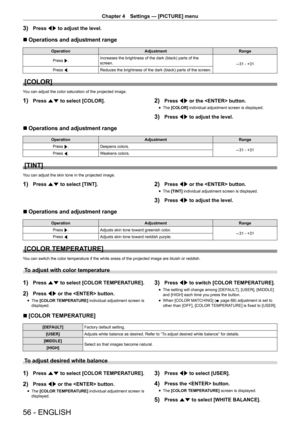 Page 5656 - ENGLISH
Chapter 4 Settings  —   [PICTURE] menu
3) Press qw to adjust the level.
r
r Operations and adjustment range
Operation
Adjustment Range
Press  w. Increases the brightness of the dark (black) parts of the 
screen.
-31 - +31
Press  q.
Reduces the brightness of the dark (black) parts of the screen.
[COLOR]
You can adjust the color saturation of the projected image.
1) Press as to select [COLOR].2) Press qw or the  button.
rfThe  [COLOR] individual adjustment screen is displayed.
3) Press qw to...