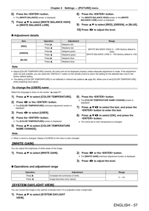 Page 57ENGLISH - 57
Chapter 4 Settings  —   [PICTURE] menu
6) Press the  button.
rfThe  [WHITE BALANCE] screen is displayed.
7) Press as to select [WHITE BALANCE HIGH] 
or [WHITE BALANCE LOW].
8) Press the  button.
rfThe  [WHITE BALANCE HIGH] screen or the [WHITE 
BALANCE LOW] screen is displayed.
9) Press  as to select [RED], [GREEN], or [BLUE].
10) Press qw to adjust the level.
r
r Adjustment details
Item
Operation Adjustment Range
[RED] Press 
w. Deepens red.
[WHITE BALANCE HIGH]: 0 - +255 (factory default...