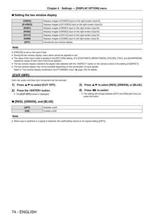 Page 7474 - ENGLISH
Chapter 4 Settings  —   [DISPLAY OPTION] menu
r
r Setting the two window display
[VIDEO]
Displays images of [VIDEO] input on the right screen (Input B).
[S-VIDEO] Displays images of [S-VIDEO] input on the right screen (Input B).
[RGB1] Displays images of [RGB1] input on the right screen (Input B).
[RGB2] Displays images of [RGB2] input on the right screen (Input B).
[DVI-D] Displays images of [DVI-D] input on the right screen (Input B).
[HDMI] Displays images of [HDMI] input on the right...