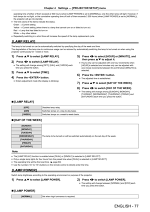 Page 77ENGLISH - 77
Chapter 4 Settings  —   [PROJECTOR SETUP] menu
operating time of either of them exceeds 2 500 hours (when [LAMP  POWER] is set to [NORMAL]), only the other lamp will light. However , if 
both lamps do not light, or the cumulative operating time of both of them exceeds 2 500 hours (when [LAMP  POWER] is set to [NORMAL]), 
the projector will go into standby.
rf The font colors of the items indicate the status.
Green 
→ Current setting
Y

ellow  → Current setting (when there is a lamp that...