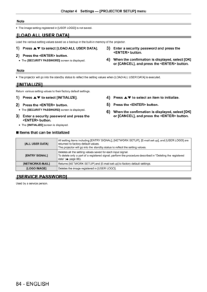 Page 8484 - ENGLISH
Chapter 4 Settings  —   [PROJECTOR SETUP] menu
Note
rfThe image setting registered in [USER LOGO] is not saved.
[LOAD ALL USER DATA]
Load the various setting values saved as a backup in the built-in memory\
 of the projector.
1) Press as to select [LOAD ALL USER DATA].
2) Press the  button.
rfThe  [SECURITY PASSWORD] screen is displayed.
3) Enter a security password and press the 
 button.
4) When the confirmation is displayed, select [OK] 
or [CANCEL], and press the  button.
Note
rfThe...