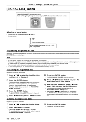 Page 8686 - ENGLISH
Chapter 4 Settings  —   [SIGNAL LIST] menu
[SIGNAL LIST] menu
Select [SIGNAL LIST] from the main menu.
Refer to “Navigating through the menu” (
x
 

page   51) for the operation of the menu screen.
r
r Registered signal status
rf A  name can be set for each sub memory (
x  page   87).
rfMemory number:
$
:KHQWKHDGGUHVVQXPEHU$$+
+LVUHJLVWHUHG 6XEPHPRU\QXPEHU
Registering a signal to the list
After a new signal is input and the  button on the remote control or the...