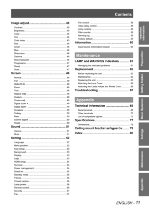 Page 11ENGLISH - 11
Important  
Information
Preparation
Getting Started
Basic Operation
Settings
Maintenance
Appendix
Image adjust ............................................. 45
Contrast ........................................................................ 45
Brightness  .................................................................... 45
Color  ...........................................................................\
.. 45
Tint...