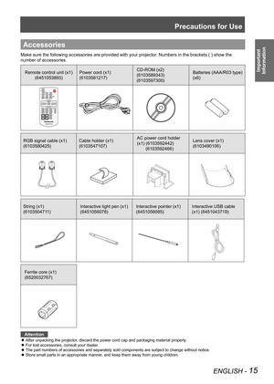 Page 15Precautions for Use
ENGLISH - 15
Important  
Information
Accessories
Make sure the following accessories are provided with your projector. Numbers in the brackets ( ) show the 
number of accessories.
Remote control unit (x1)
(6451053893) Power cord (x1)
(6103581217) CD-ROM (x2)
(6103589343)
(6103597300)Batteries (AAA/R03 type) 
(x6)
RGB signal cable (x1) 
(6103580425)
Cable holder (x1) 
(6103547107) AC power cord holder 
(x1) (6103592442) 
       (6103592466)Lens cover (x1)
(6103490106)
String (x1)...