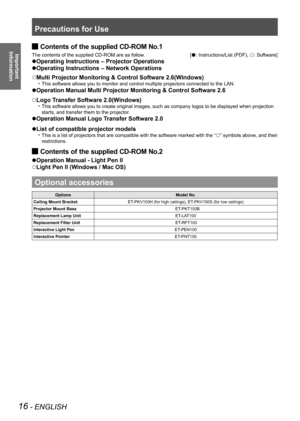 Page 16Precautions for Use
16 - ENGLISH
Important  
Information
Contents of the supplied  
JCD-ROM No.1
The contents of the supplied CD-ROM are as follow. 
[
 : Instructions/List (PDF), 
: Software]

Operating Instructions – Projector Operations
Operating Instructions – Network Operations
 
Multi Projector Monitoring & Control Software 2.6(Windows)
This software allows you to monitor and control multiple projectors conn\
ected to the LAN.• 
 
Operation Manual Multi Projector Monitoring & Control Software...