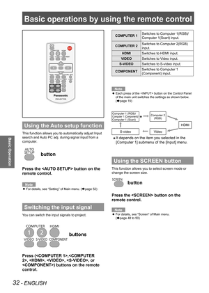 Page 3232 - ENGLISH
Basic Operation
Basic operations by using the remote control
Using the Auto setup function
This function allows you to automatically adjust Input 
search and Auto PC adj. during signal input from a 
computer.
 button
Press the  button on the 
remote control.
Note
For details, see “Setting” of Main menu. (
 
zÆpage 52)
Switching the input signal
You can switch the input signals to project.
 buttons
Press (,, , , , or 
) buttons on the remote 
control.
COMPUTER 1 Switches to Computer 1(RGB)/...