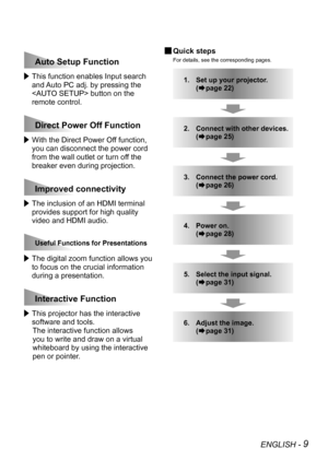 Page 9ENGLISH - 9
 This function enables Input search 
and Auto PC adj. by pressing the 
 button on the 
remote control.
 With the Direct Power Off function, 
you can disconnect the power cord 
from the wall outlet or turn off the 
breaker even during projection.
 The inclusion of an HDMI terminal 
provides support for high quality 
video and HDMI audio.
 The digital zoom function allows you 
to focus on the crucial information 
during a presentation.
 This projector has the interactive 
software and tools....