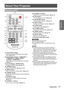 Page 17ENGLISH - 17
Preparation
About Your Projector
Remote control
(1)  ButtonExecute the setting of Auto setup in the setting 
menu. (
Æpage 52)
(2) Input Selection Buttons: ,   
, , , 
, . 
These buttons are used to select the input signal. 
(
Æpage 32)
(3) ▲▼◄► Buttons,  Button Navigate the MENU display.(
Æpage 36)
(4)  Button Select a screen mode. (
Æpage 48 to 50)
(5)  Button Open or close the On-Screen Menu. (
Æpage 36)
(6)  Button Pauses the projected image and sound tentatively. 
(
Æpage 33)
(7)...