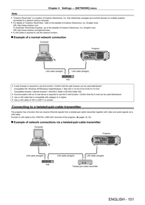 Page 101Chapter 4 Settings — [NETWORK] menu
ENGLISH - 101
Note
 f“Crestron RoomV iew” is a system of Crestron Electronics, Inc. that collectively manages and controls devices on multiple systems 
connected to a network using a computer.
 f For details of “Crestron RoomV

iew”, refer to the website of Crestron Electronics, Inc. (English only)
URL http://www.crestron.com
To download “RoomView Express”, go to the website of Crestron Electronics, Inc. (English only)
URL http://www.crestron.com/getroomview
 f A

 LAN...