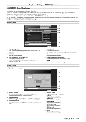 Page 115Chapter 4 Settings — [NETWORK] menu
ENGLISH - 115
[CRESTRON RoomView] page
The projector can be monitored/controlled with RoomView.
To start the RoomView control page from the web control screen, you need to access with the administrator rights. (For user rights, the 
[CRESTRON RoomView] button is not displayed on the web control screen.)
The control page of RoomView is displayed by clicking [CRESTRON RoomView].
It is not displayed if Adobe Flash Player is not installed on the computer used, or the...