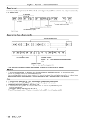 Page 128Chapter 6 Appendix — Technical information
128 - ENGLISH
Basic format
Transmission from the computer starts with STX, then the ID, command, parameter, and ETX are sent in this order. Add parameters according 
to the details of control.
(2 bytes)2 ID characters (2 bytes) Semi-colon (1 byte) Colon (1 byte)
3 command characters (3 bytes) Parameter (undefined length)
Start (1 byte) ZZ, 01 - 06
ID designate
End (1 byte)
Basic format (has subcommands)
Parameter (6 bytes)*1
Symbol “+” or “–” (1 byte) and...