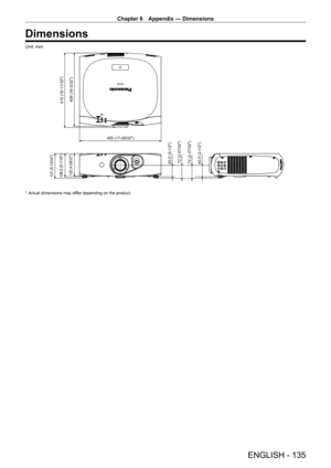 Page 135Chapter 6 Appendix — Dimensions
ENGLISH - 135
Dimensions
Unit: mm
409 (16-3/32)
415 (16-11/32)
455 (17-29/32)
63.5 (2-1/2)
72 (2-27/32)
72 (2-27/32)
63.5 (2-1/2)
137 (5-13/32)
128.5 (5-1/16)125 (4-29/32)
* Actual dimensions may dif fer depending on the product.  