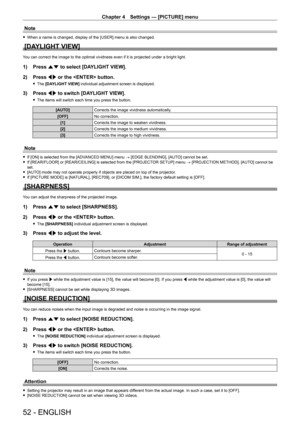 Page 52Chapter 4 Settings — [PICTURE] menu
52 - ENGLISH
Note
 fWhen a name is changed, display of the [USER] menu is also changed.
[DAYLIGHT VIEW]
You can correct the image to the optimal vividness even if it is projected under a bright light.
1) Press  as to select [DAYLIGHT VIEW].
2)  
Press 
 qw or the  button.
 fThe  [DAYLIGHT VIEW] individual adjustment screen is displayed.
3) Press  qw to switch [DAYLIGHT VIEW].
 fThe items will switch each time you press the button.
[AUTO] Corrects the image vividness...