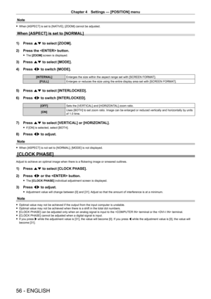 Page 56Chapter 4 Settings — [POSITION] menu
56 - ENGLISH
Note
 fWhen [ASPECT] is set to [NA TIVE], [ZOOM] cannot be adjusted.
When [ASPECT] is set to [NORMAL]
1) Press as to select [ZOOM].
2)  
Press the  button.
 f The  [ZOOM]  screen is displayed.
3) Press  as to select [MODE].
4)  
Press 
 qw to switch [MODE].
[INTERNAL] Enlarges the size within the aspect range set with [SCREEN FORMA T].
[FULL] Enlarges or reduces the size using the entire display area set with [SCREEN FORMA T].
5) Press as to select...