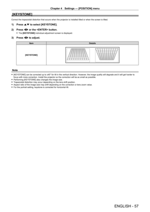 Page 57Chapter 4 Settings — [POSITION] menu
ENGLISH - 57
[KEYSTONE]
Correct the trapezoidal distortion that occurs when the projector is installed tilted or when the screen is tilted.
1) Press as to select [KEYSTONE].
2)  
Press 
 qw or the  button.
 fThe  [KEYSTONE] individual adjustment screen is displayed.
3) Press  qw to adjust.
Item Details
[KEYSTONE]
Note
 f [KEYSTONE] can be corrected up to ±40° for tilt in the vertical direction. However, the image quality will degrade and it will get harder to 
focus...