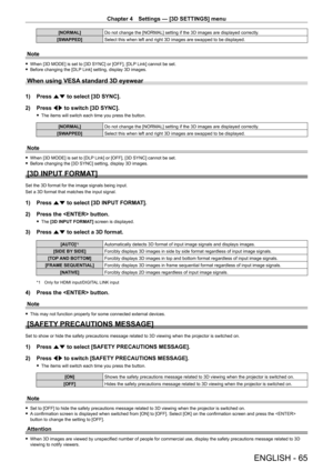 Page 65Chapter 4 Settings — [3D SETTINGS] menu
ENGLISH - 65
[NORMAL]Do not change the [NORMAL] setting if the 3D images are displayed correctly .
[SWAPPED] Select this when left and right 3D images are swapped to be displayed.
Note
 fWhen [3D MODE] is set to [3D SYNC] or [OFF], [DLP  Link] cannot be set. fBefore changing the [DLP
 Link] setting, display 3D images.
When using VESA standard 3D eyewear
1) Press as to select [3D SYNC].
2)  
Press 
 qw to switch [3D SYNC].
 fThe items will switch each time you press...
