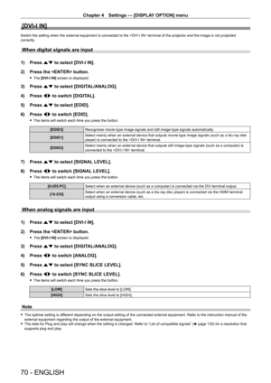 Page 70Chapter 4 Settings — [DISPLAY OPTION] menu
70 - ENGLISH
[DVI-I IN]
Switch the setting when the external equipment is connected to the  terminal of the projector and the image is not projected 
correctly.
When digital signals are input
1) Press as to select [DVI-I IN].
2)  
Press the  button.
 f The  [DVI-I IN] screen is displayed.
3) Press  as to select [DIGITAL/ANALOG].
4)  
Press 
 qw to switch [DIGITAL].
5)
 
Press 
 as to select [EDID].
6)
 
Press 
 qw to switch [EDID].
 fThe items will switch each...