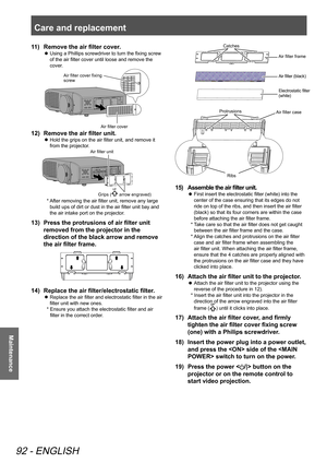 Page 92Care and replacement 
92 - ENGLISH
Maintenance
11)  Remove the air filter cover.
 
z Using a Phillips screwdriver to turn the fixing screw 
of the air filter cover until loose and remove the 
cover.
Air filter cover
Air filter cover fixing 
screw
12)  
Remove the air filter unit.
 
z Hold the grips on the air filter unit, and remove it 
from the projector.
     
Air filter unit
Grips (
UP
 arrow engraved)
*   After removing the air filter unit, remove any large 
build ups of dirt or dust in the air...